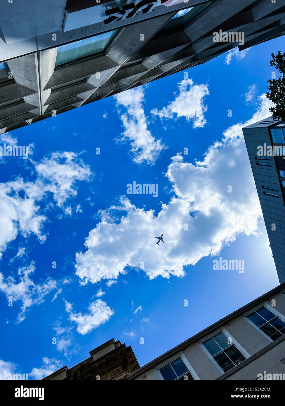 Overhead view from Leeds financial district with offices and blue sky - Smartphone Captured Stock Image