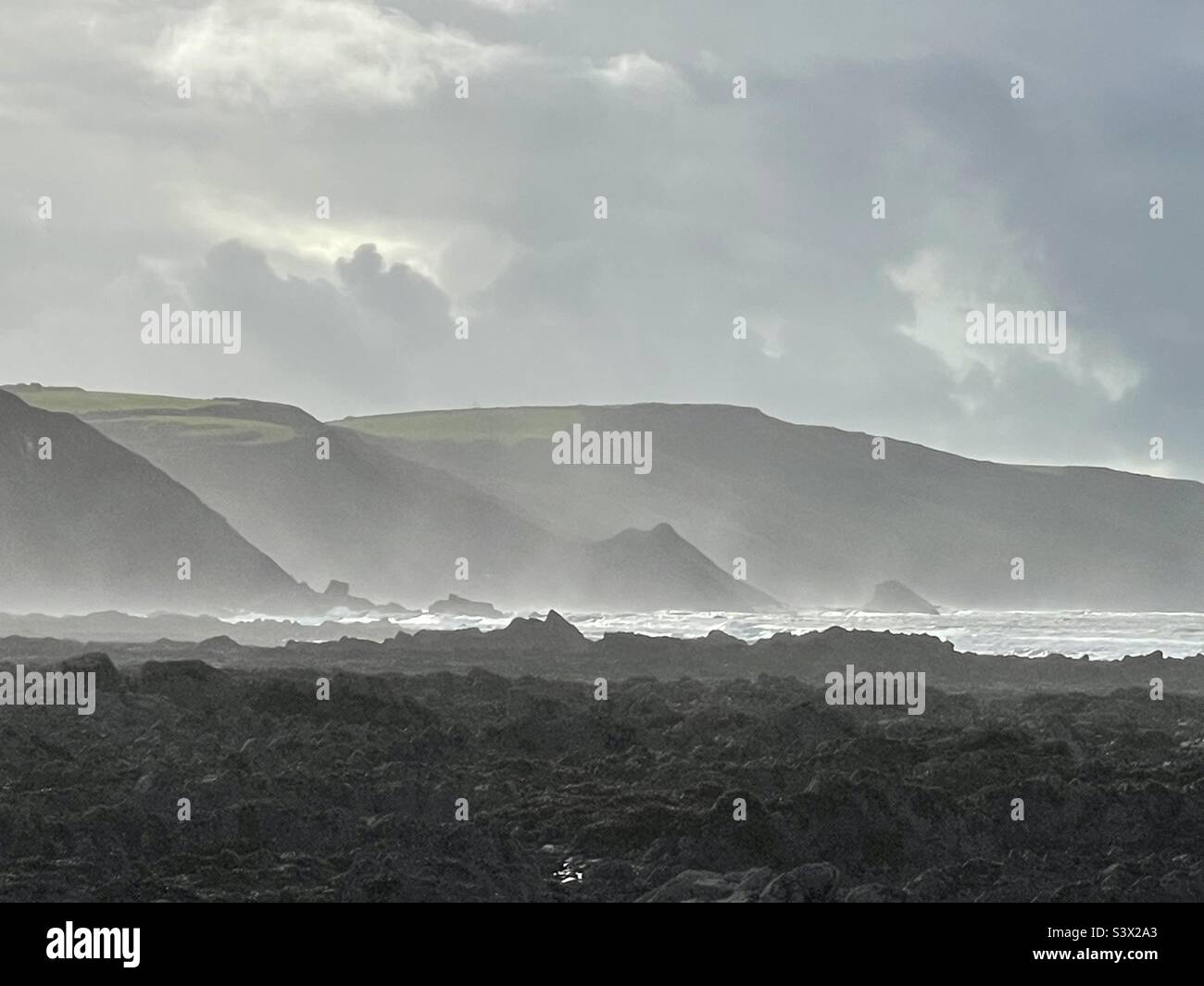 Widemouth Bay, Bude, Cornwall on a windswept day Stock Photo