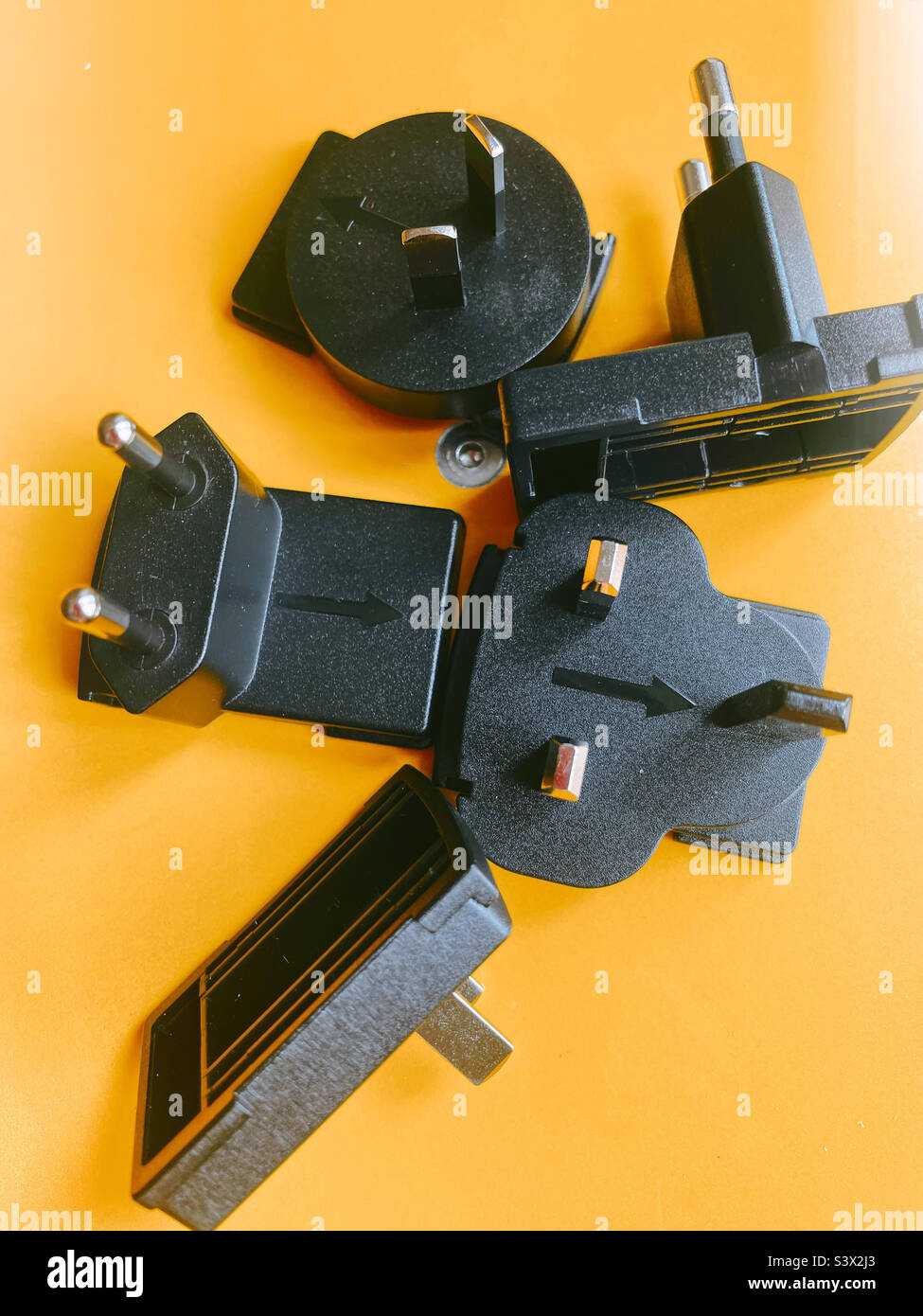 Still life of electric plug adapters Stock Photo