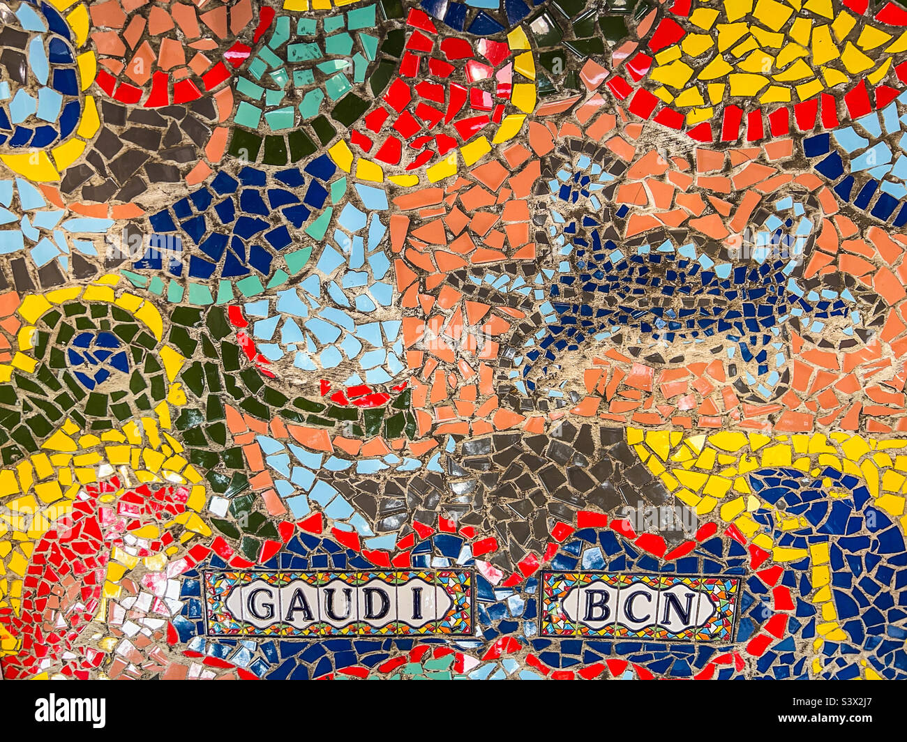 Ceramic tile mosaic with Gaudi BcN in street in Barcelona in Spain Stock Photo