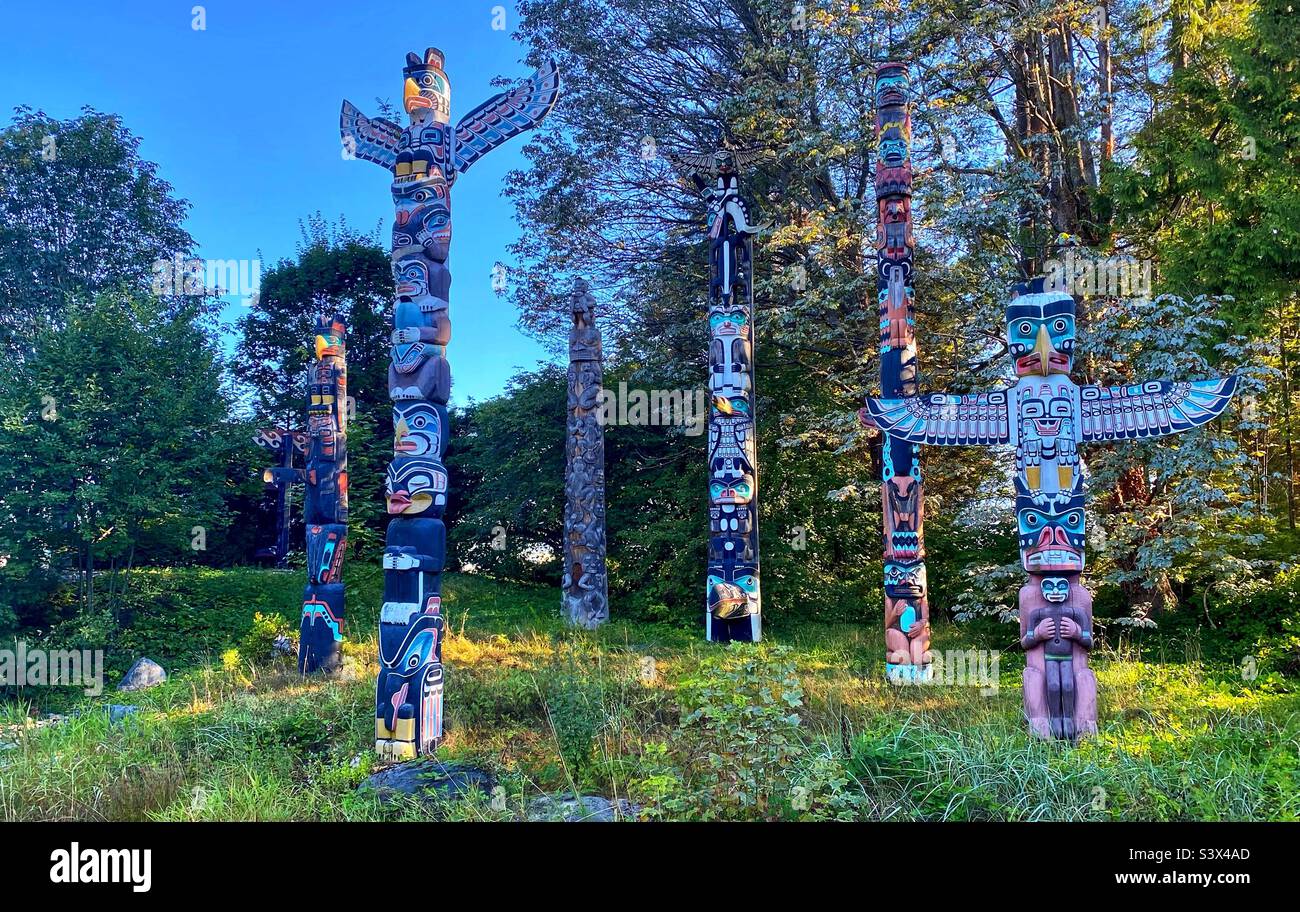 Totem poles at Stanley park. Vancouver Canada. Stock Photo