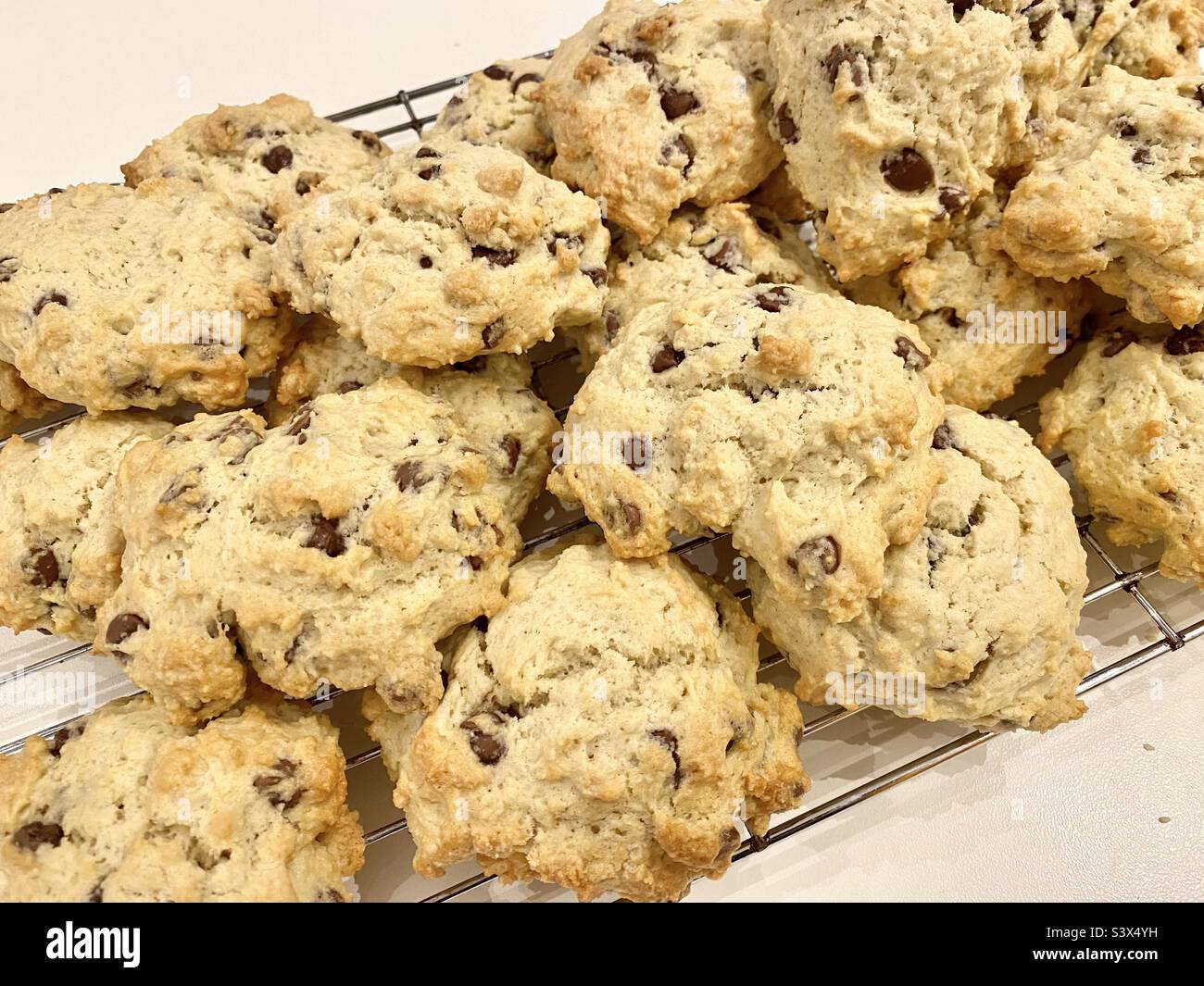Freshly baked chocolate rock cakes on a cooling rack Stock Photo
