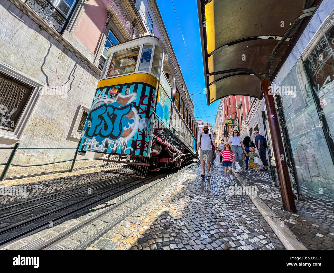 Gloria Funicular cable car a popular tourist attraction in Lisbon city centre in Portugal Stock Photo