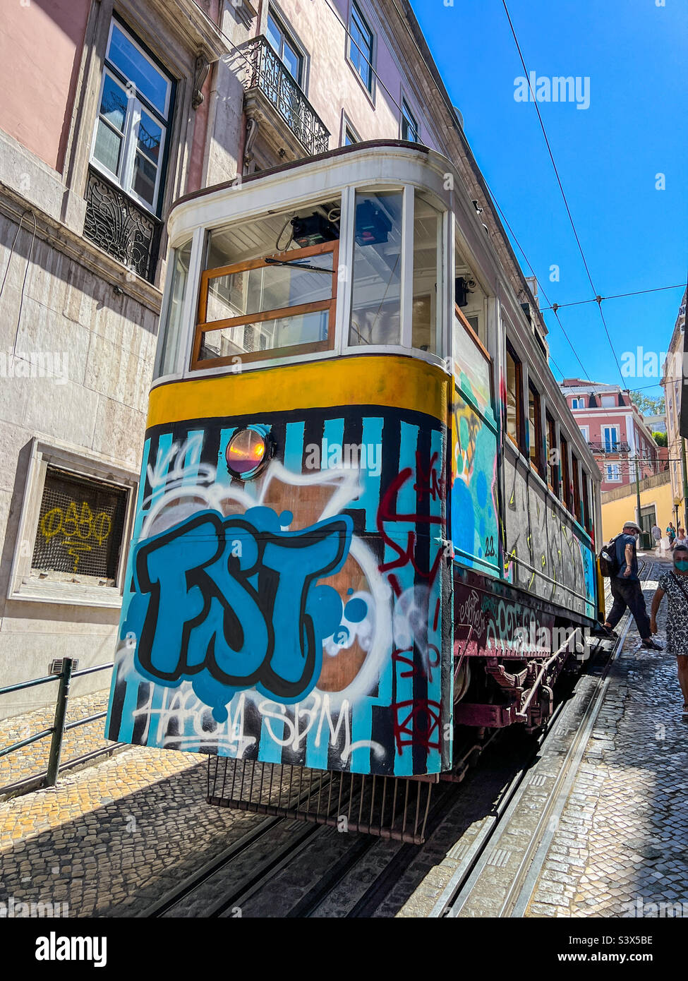 Gloria Funicular cable car a popular tourist attraction in Lisbon city centre in Portugal Stock Photo