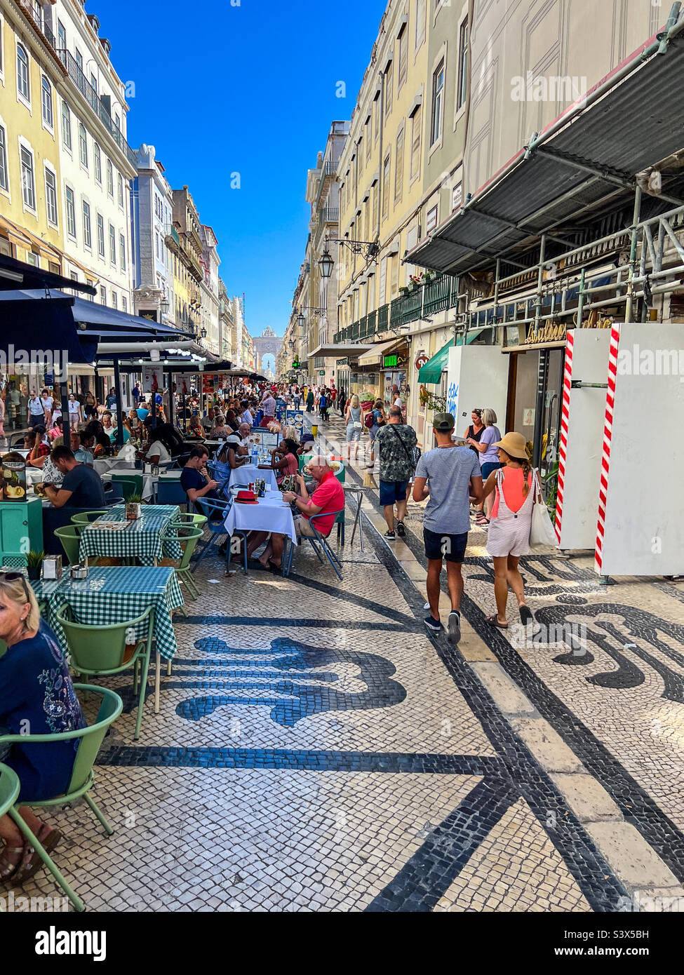 Restaurants and cafes on the famous and busy Rua Agusta street in Lisbon Portugal Stock Photo