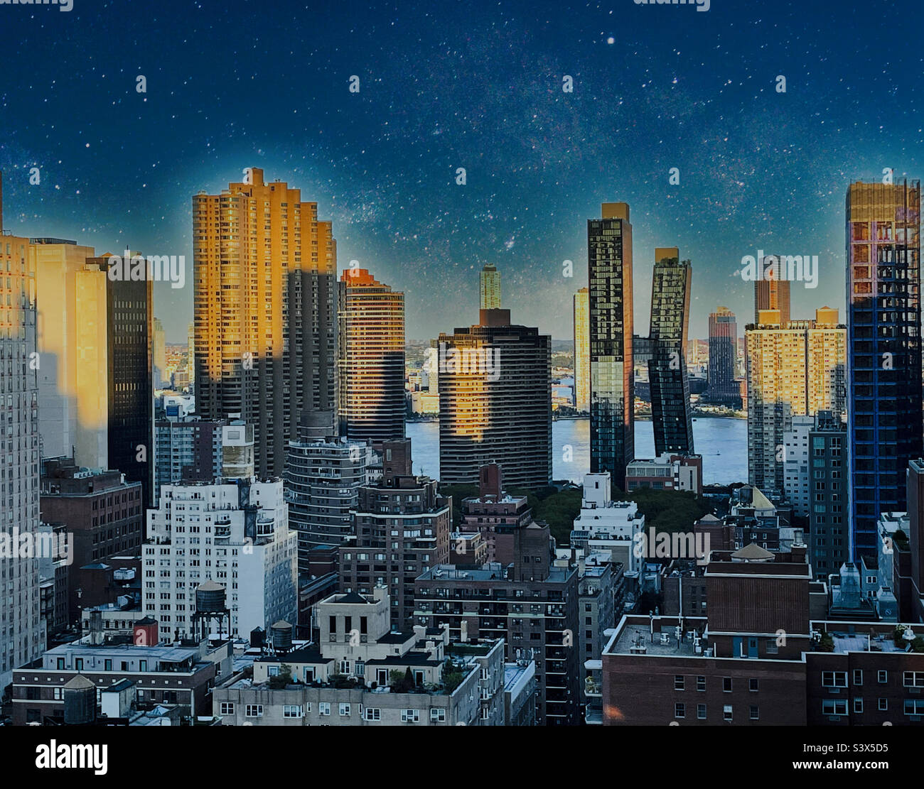 Upscale condominiums in the Murray Hill neighborhood of New York City border the East River, 2022, New York, USA - Smartphone Captured Stock Image