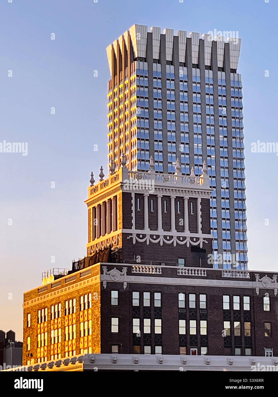 New York City features office buildings and hotels in contrasting architectural styles, 2022, USA - Smartphone Captured Stock Image