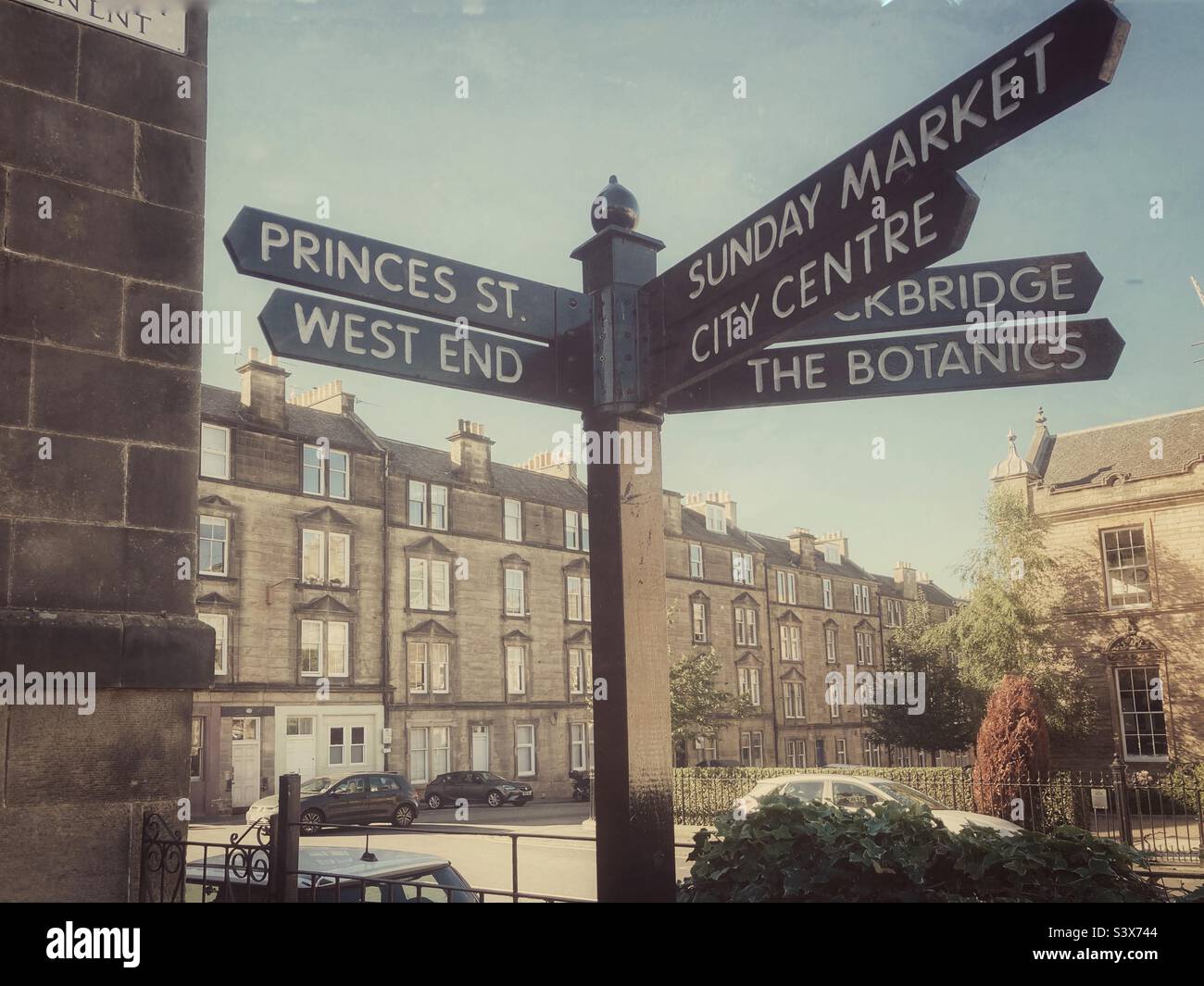 Direction signpost, Edinburgh city centre, Scotland - Smartphone Captured Stock Image