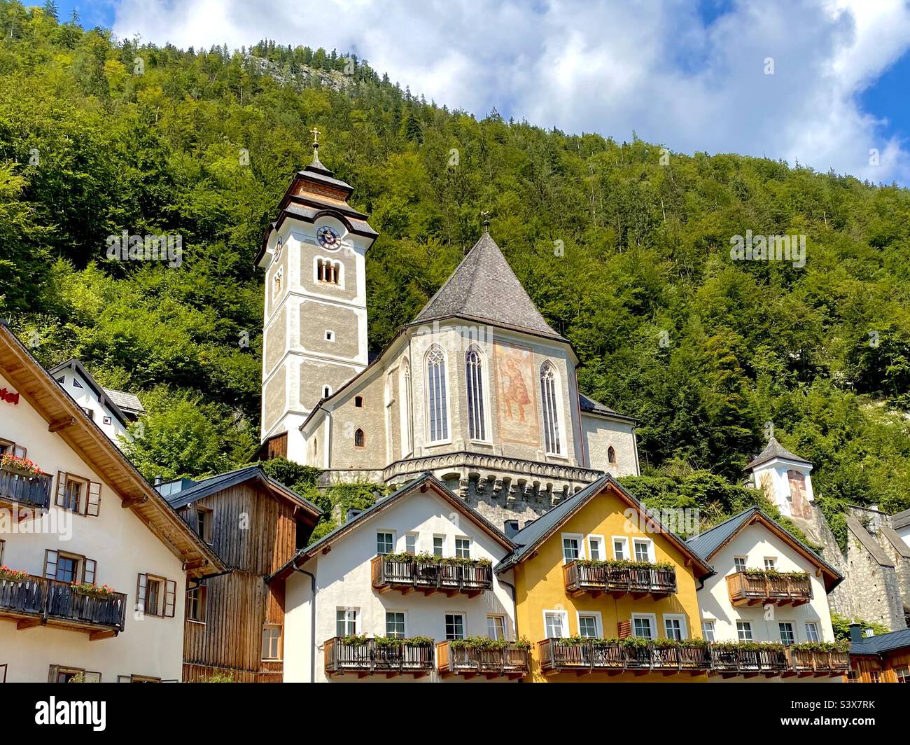The beautiful town of Hallstatt in the Austrian Lakes region Stock Photo