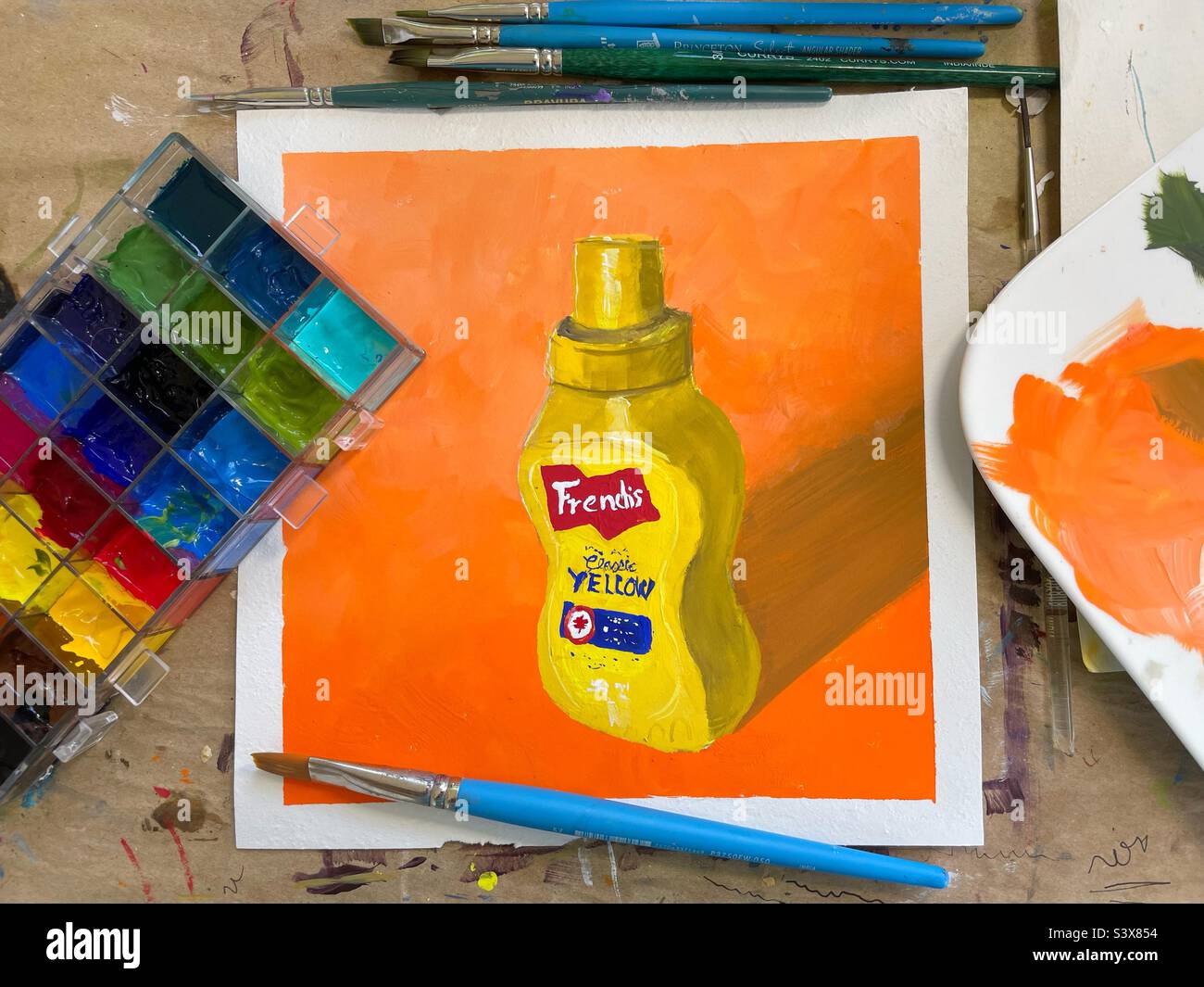 A gouache painting of a jar of French’s mustard. - Smartphone Captured Stock Image