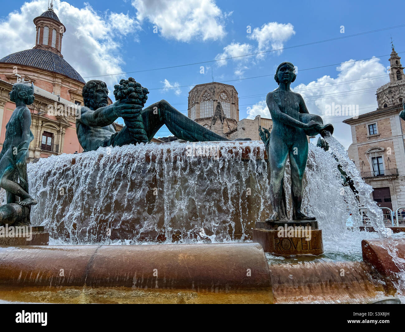 Turia fountain in Plaza de La Virgen in the centre of old town Valencia in Spain Stock Photo