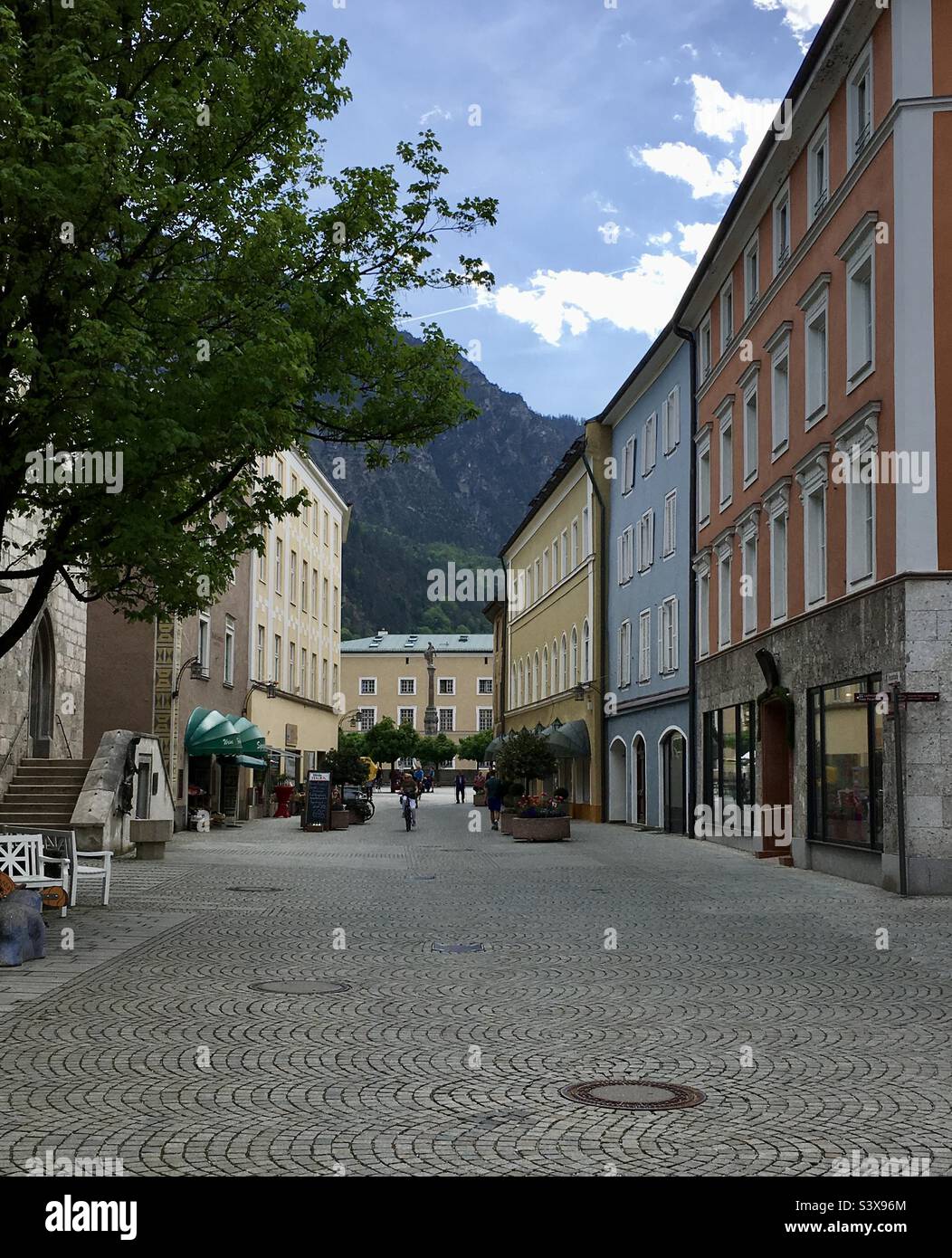 Looking down Poststrasse towards the square and town hall, Bad Reichenhall, Bavaria, Germany. Stock Photo