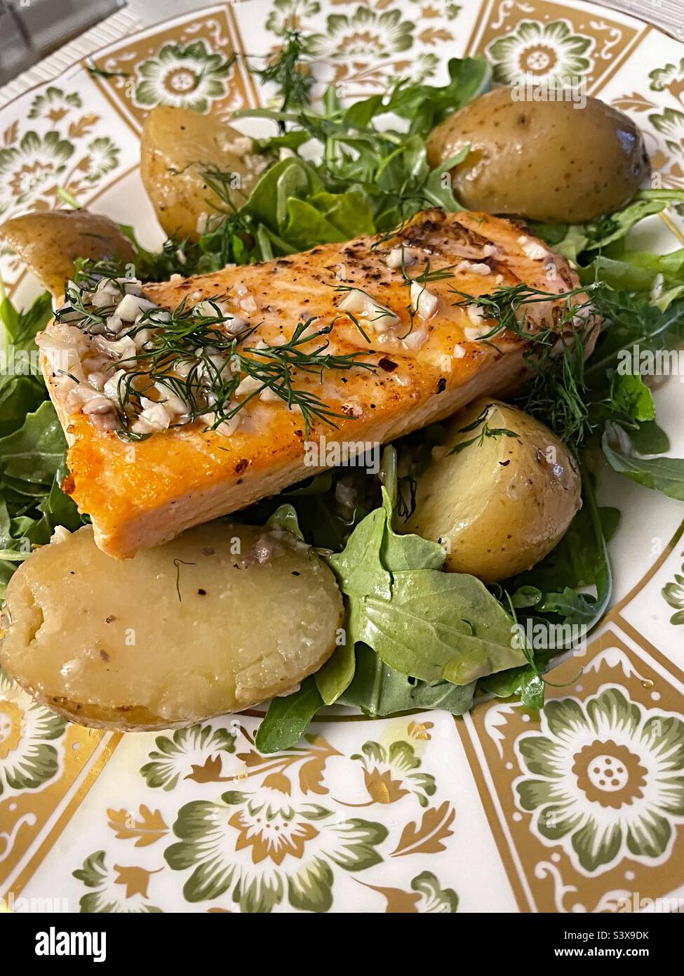 Close Up of Grilled Salmon and New Potato Entree,  USA - Smartphone Captured Stock Image