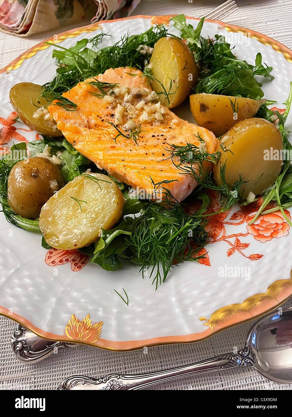 Close Up of Grilled Salmon and New Potato Entree,  USA - Smartphone Captured Stock Image