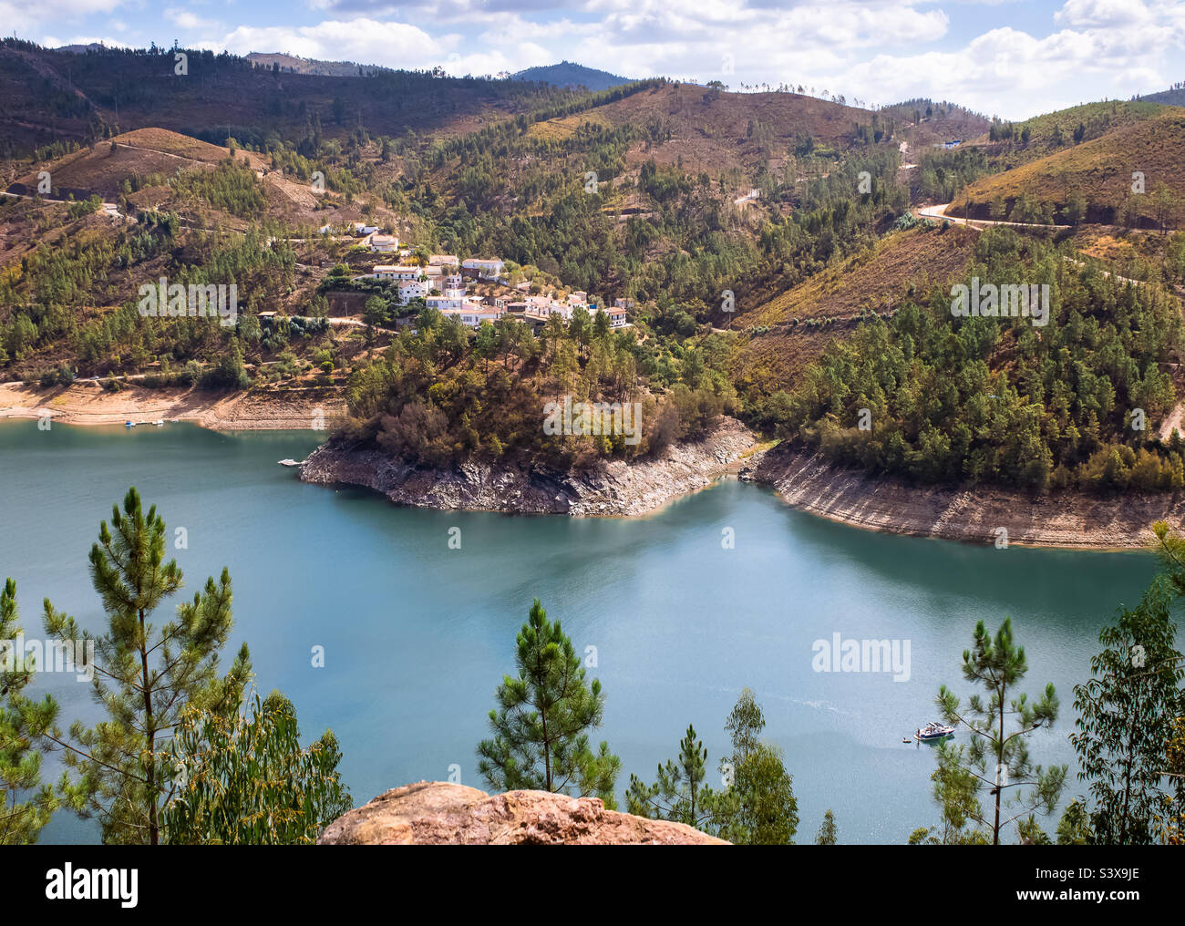 A view of the town of Zaboeira from across the Rio Zêzere in Central Portugal - Smartphone Captured Stock Image