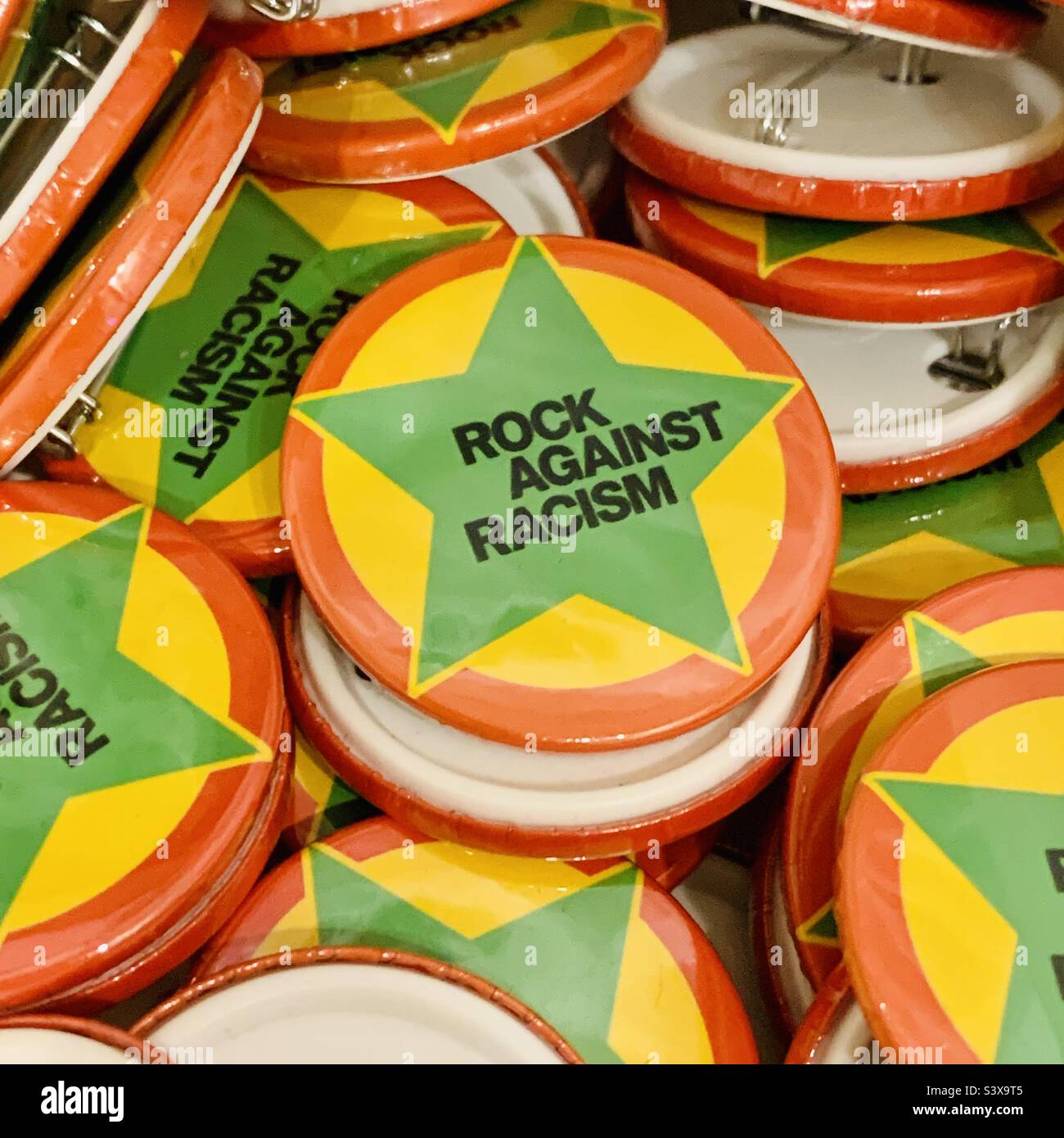 Rock against racism coloured pin badges - Smartphone Captured Stock Image