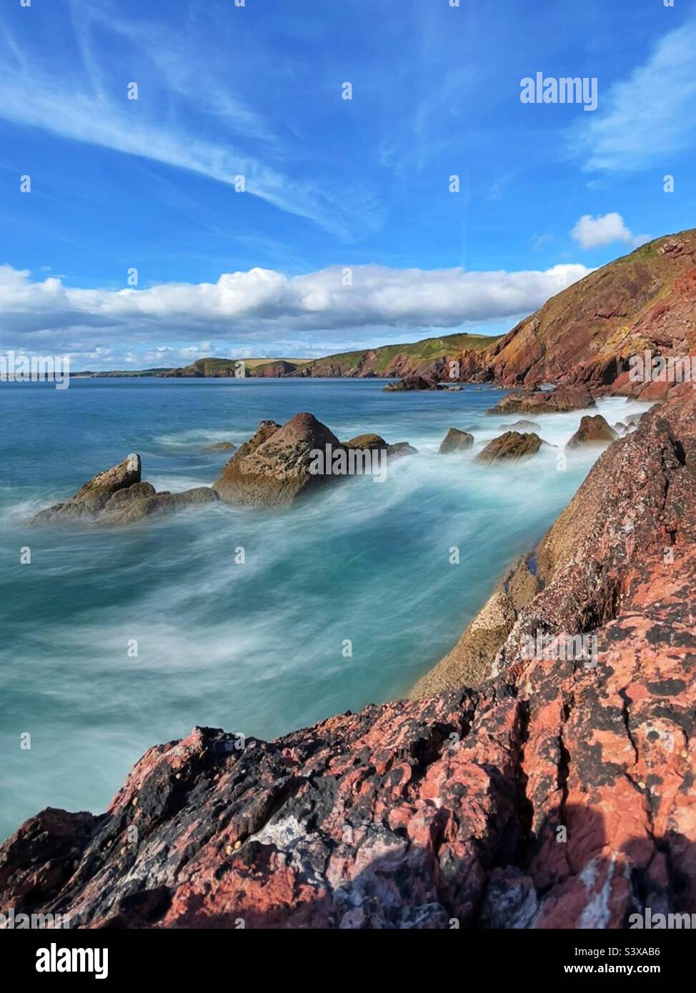 View westwards along the Pembrokeshire coast from Trewent Point, Freshwater East, Pembrokeshire, Wales, September. Stock Photo