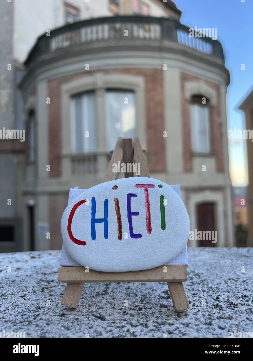 Chieti, city of Abruzzo region, hand painted stone souvenir on a canvas Stock Photo