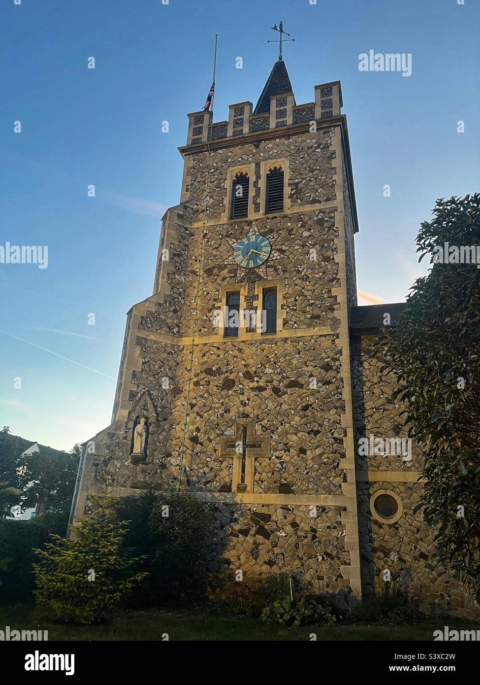 Our Lady of Lourdes and St Joseph Church, clock tower, Leigh-on-Sea, Essex Stock Photo
