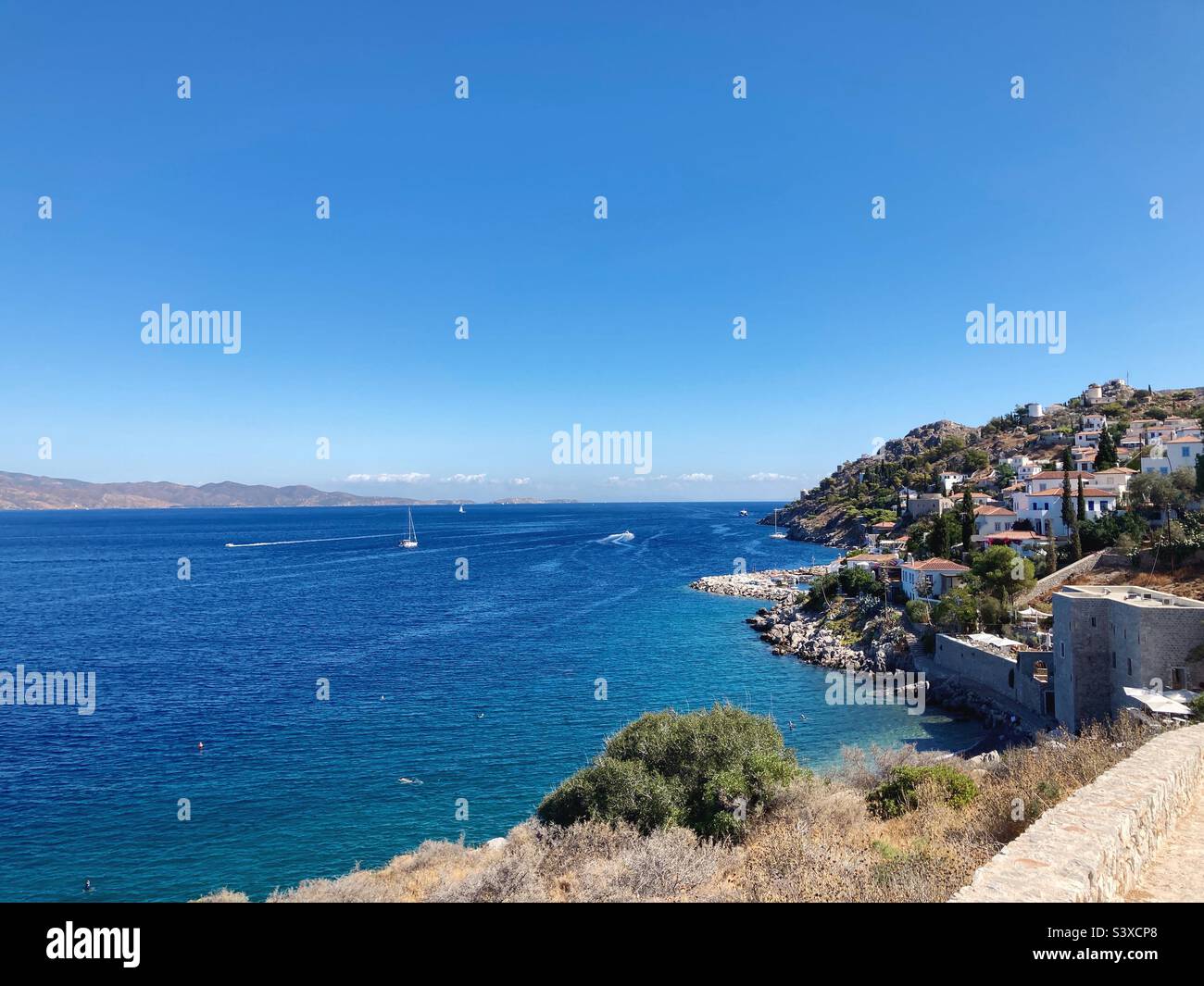 View from the lower coastal path, Hydra, Greece - Smartphone Captured Stock Image