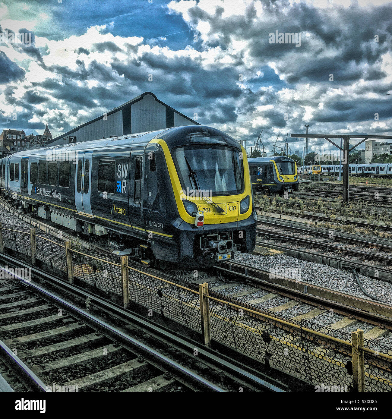 South West Trains in the sidings opposite Clapham Junction Station - Smartphone Captured Stock Image