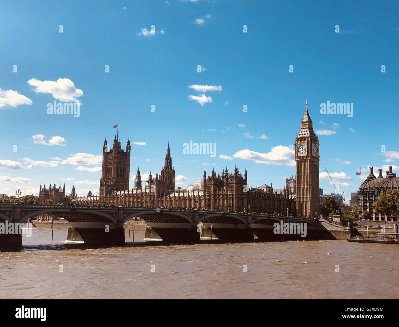 The Houses of Parliament and Big Ben beside the river Thames in London - Smartphone Captured Stock Image