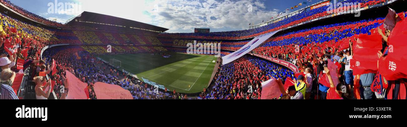Panorama of Barcelona FC fans celebrating winning the 2015 La Liga league title at Camp Nou Stadium and unveiling a giant poster of retiring legend Xavi before kick off Stock Photo