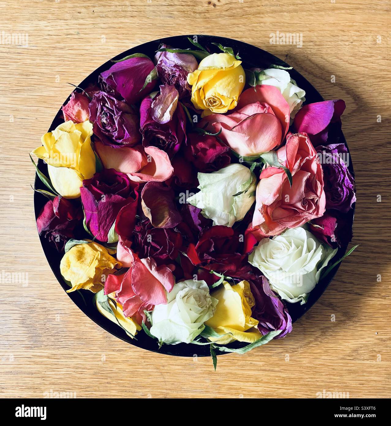 Round shallow bowl filled with rose heads drying out to