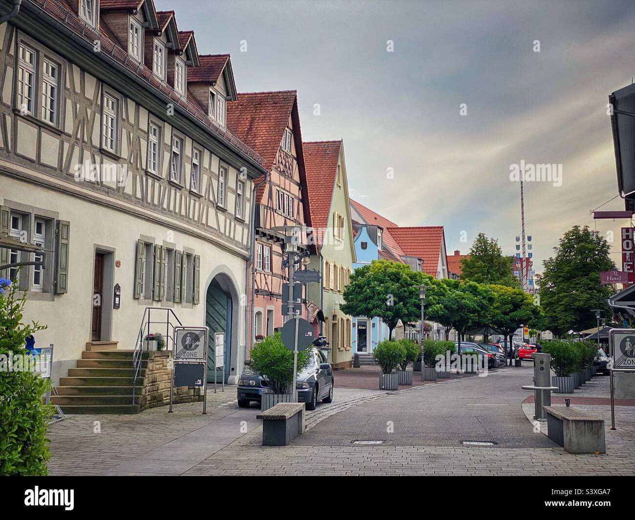 Traditional half-timbered houses at sunset time in the center of Walldorf, Germany. - Smartphone Captured Stock Image