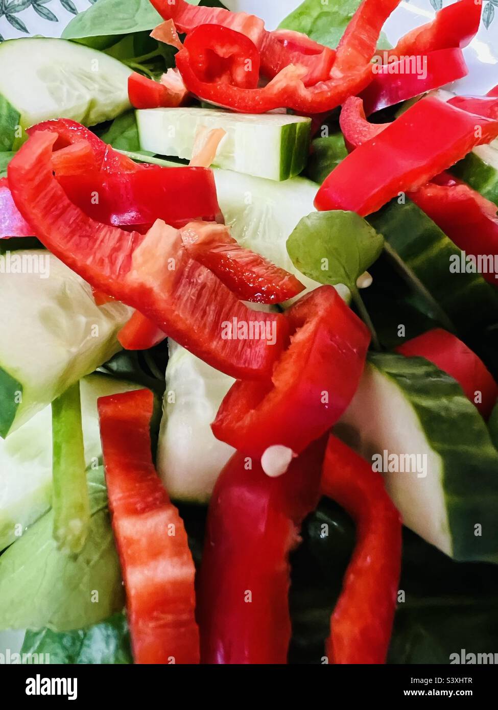 Healthy Red pepper, cucumber and watercress salad close up. - Smartphone Captured Stock Image