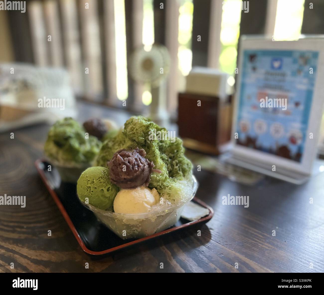 Shaved Matcha ice with red bean and ice creams, Japan Stock Photo