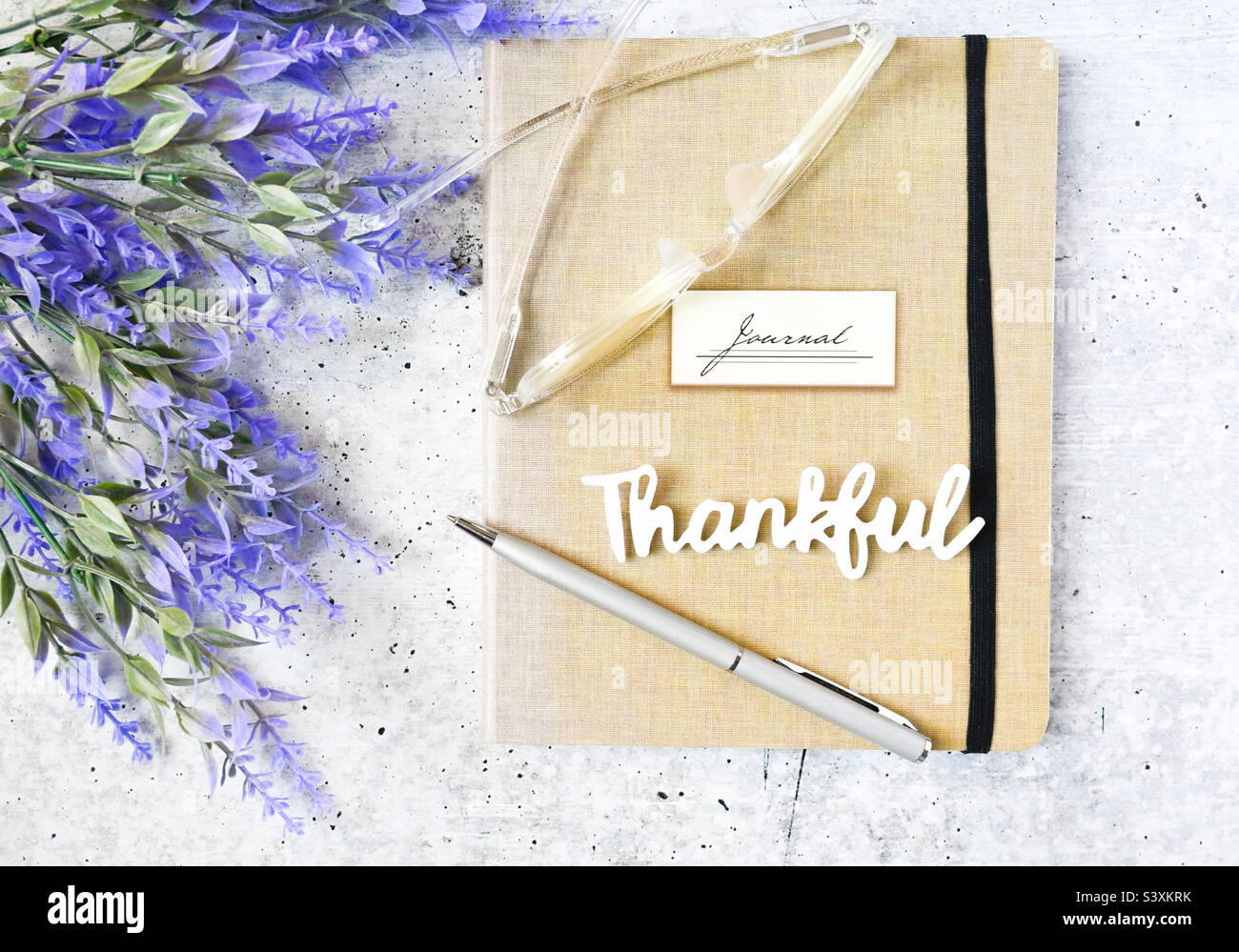 Practicing mindfulness by journaling. Thankful Flat lay - Smartphone Captured Stock Image