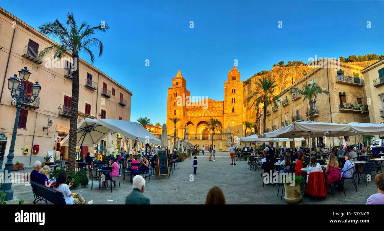 Cefalù cathedral square at sunset, Sicily Italy - Smartphone Captured Stock Image