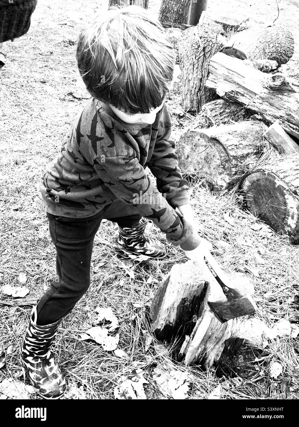 Boy chopping kindling for fireplace Stock Photo