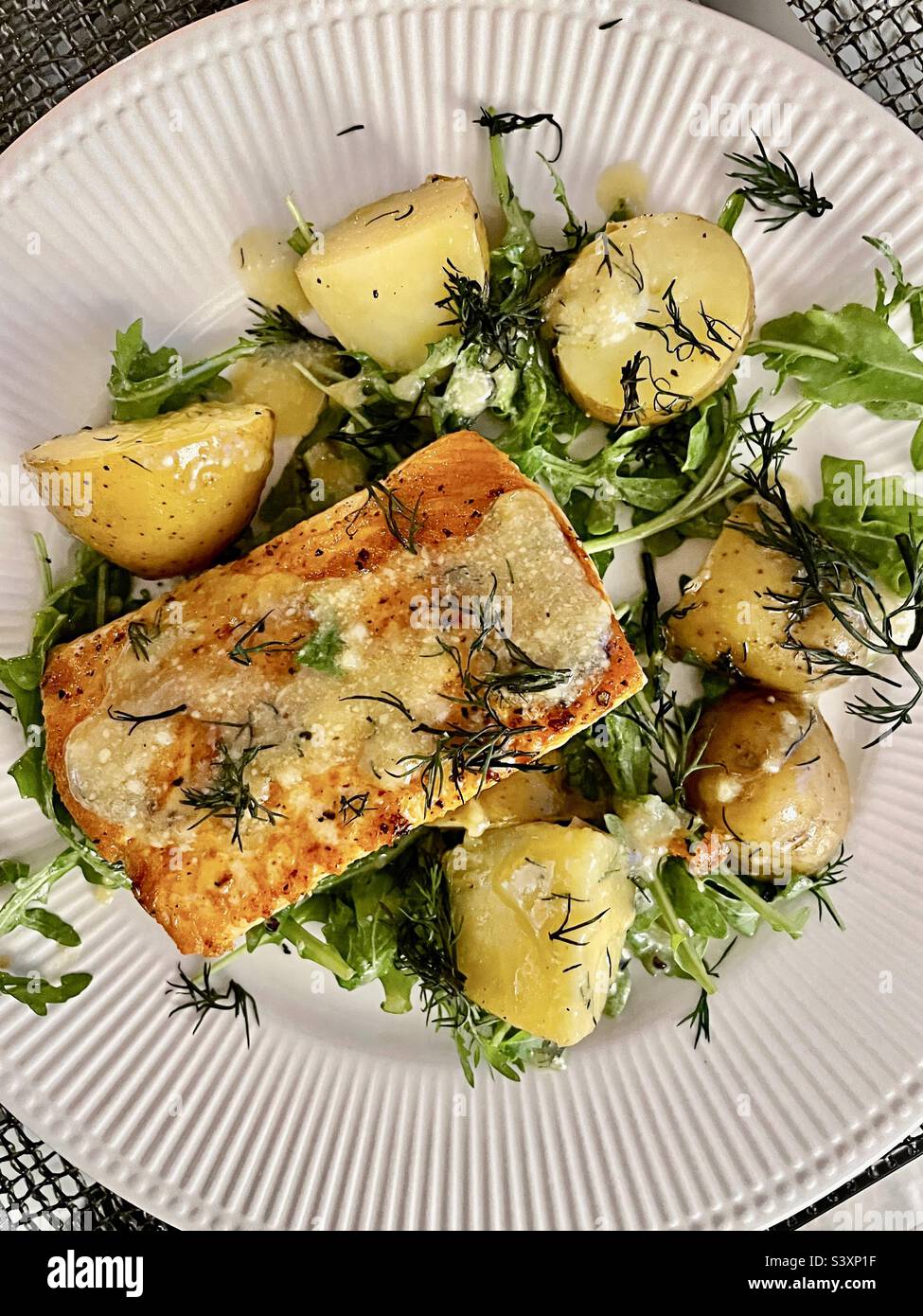 Flat lay of a gourmet one dish meal of seared salmon, new potatoes on a bed of arugula with a lemon garlic sauce, USA - Smartphone Captured Stock Image