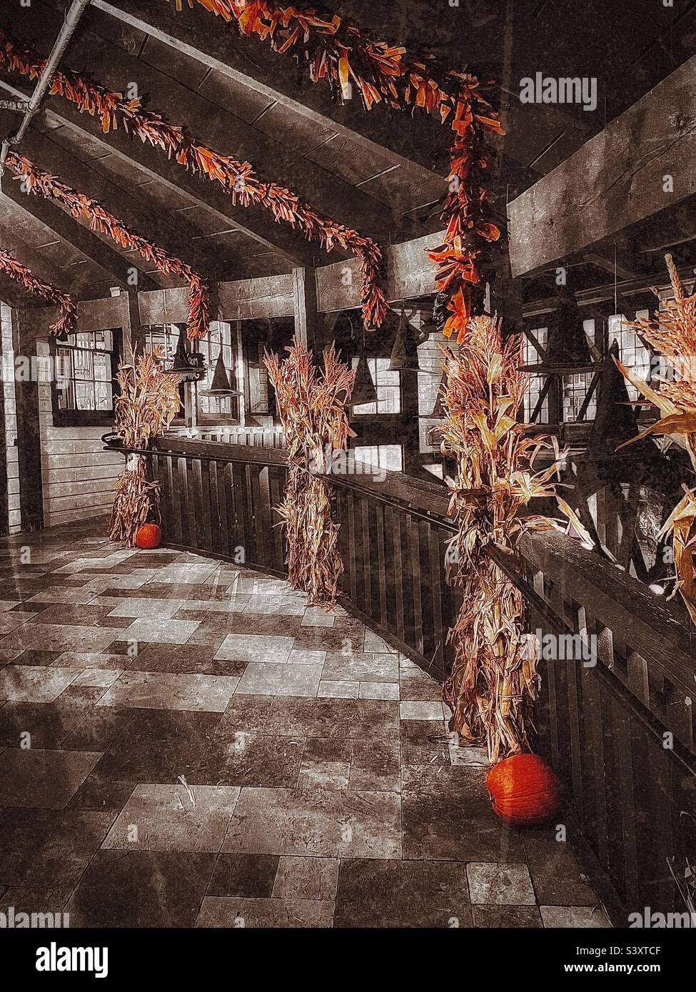 WitchFest at Gardner Village in the Salt Lake valley of Utah, USA is an annual family friendly seasonal event. Lots of ambiance and decor. A rustic and decorated walkway into the old mill building. - Smartphone Captured Stock Image