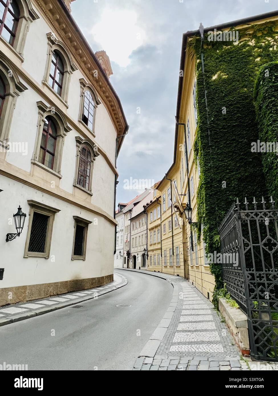 Empty street in Prague with architecturally beautiful buildings Stock