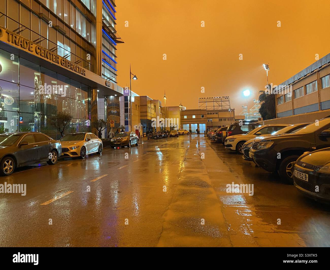 Gibraltar during a Calima rain shower when Saharan dust is in the sky and over every surface Stock Photo