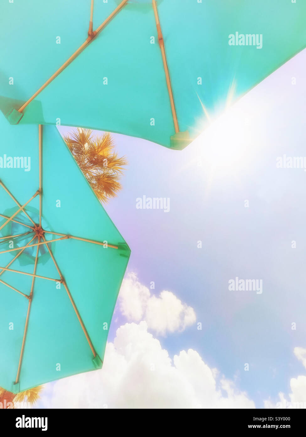 Under beach umbrellas with sun flare - Smartphone Captured Stock Image