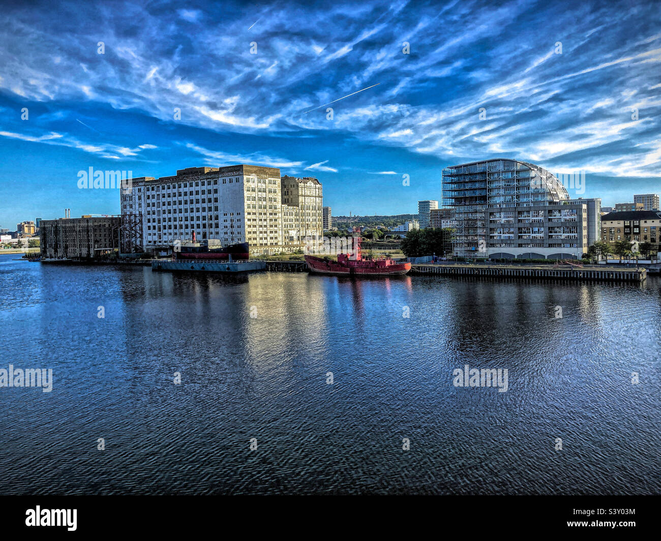 View of the Royal Docks, from the ExCel Exhibition Centre Stock Photo