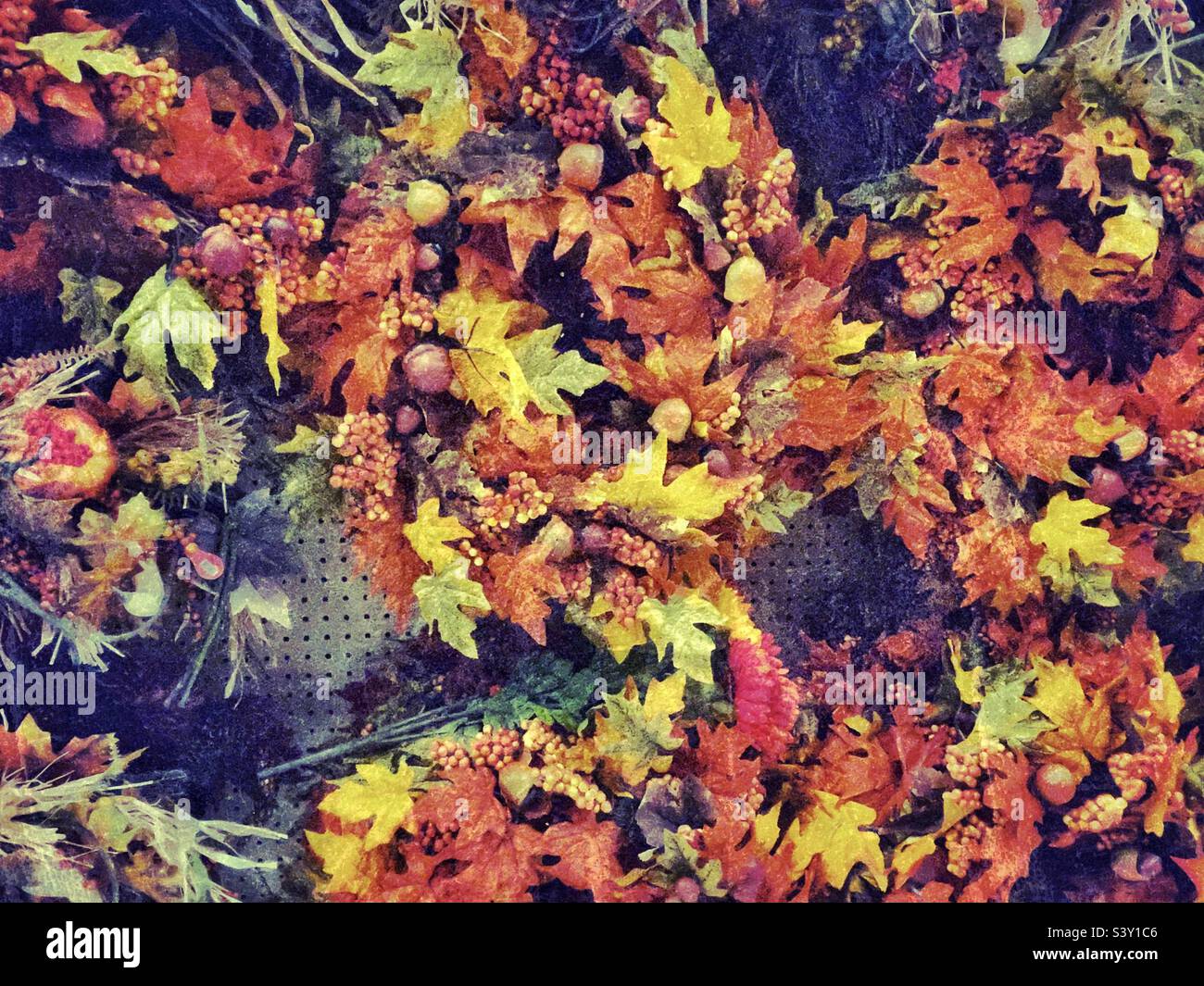 Beautifully colorful and designed autumnal floral pieces are displayed for home decor needs at a local Utah Hobby Lobby arts and craft store. - Smartphone Captured Stock Image