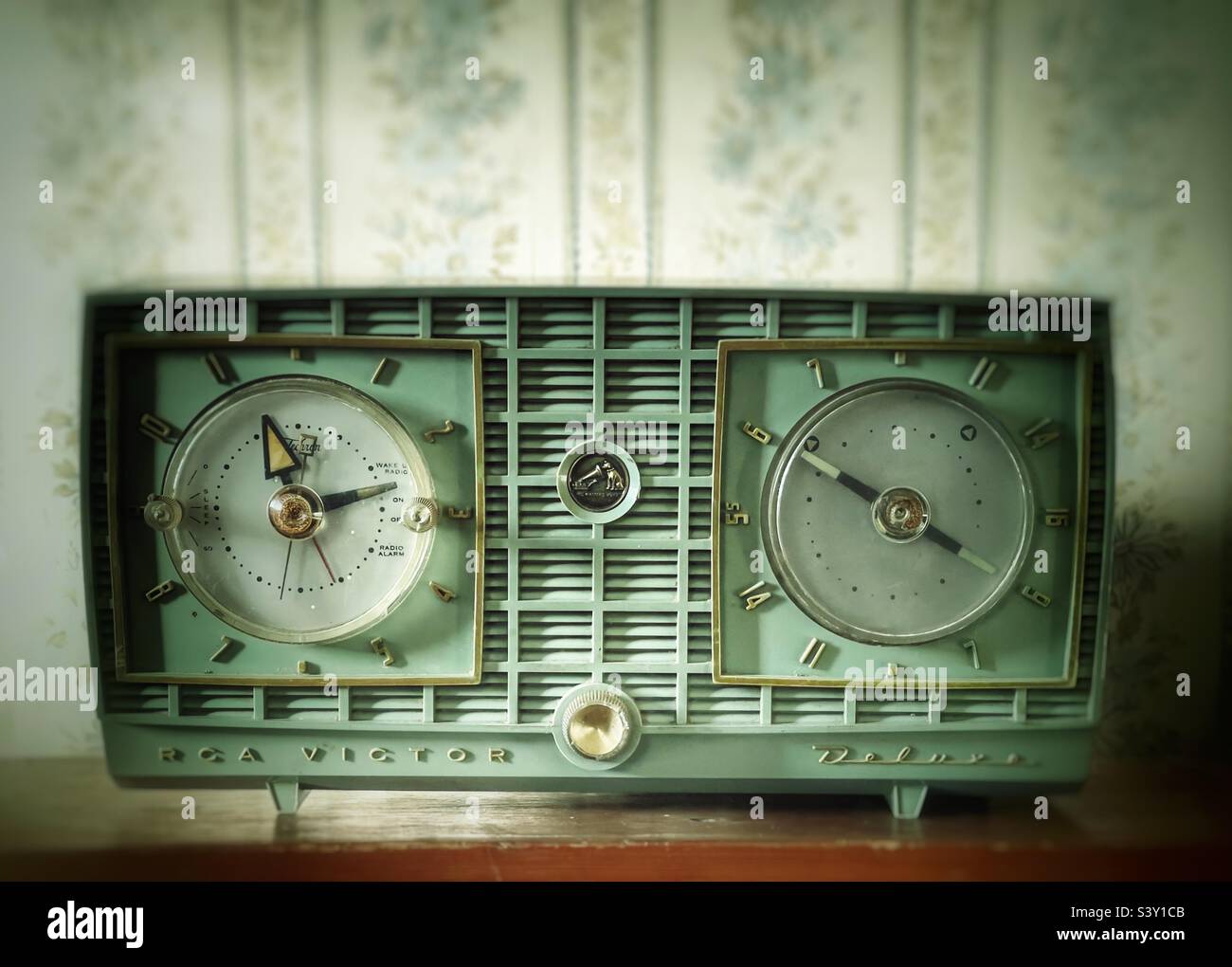 Green vintage clock radio Stock Photo