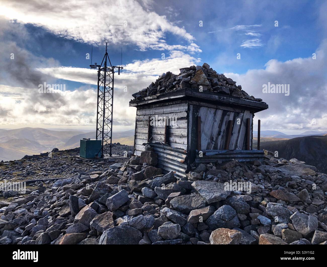 Shack and mast on the summit top of The Cairnwell, Glenshee Scotland - Smartphone Captured Stock Image