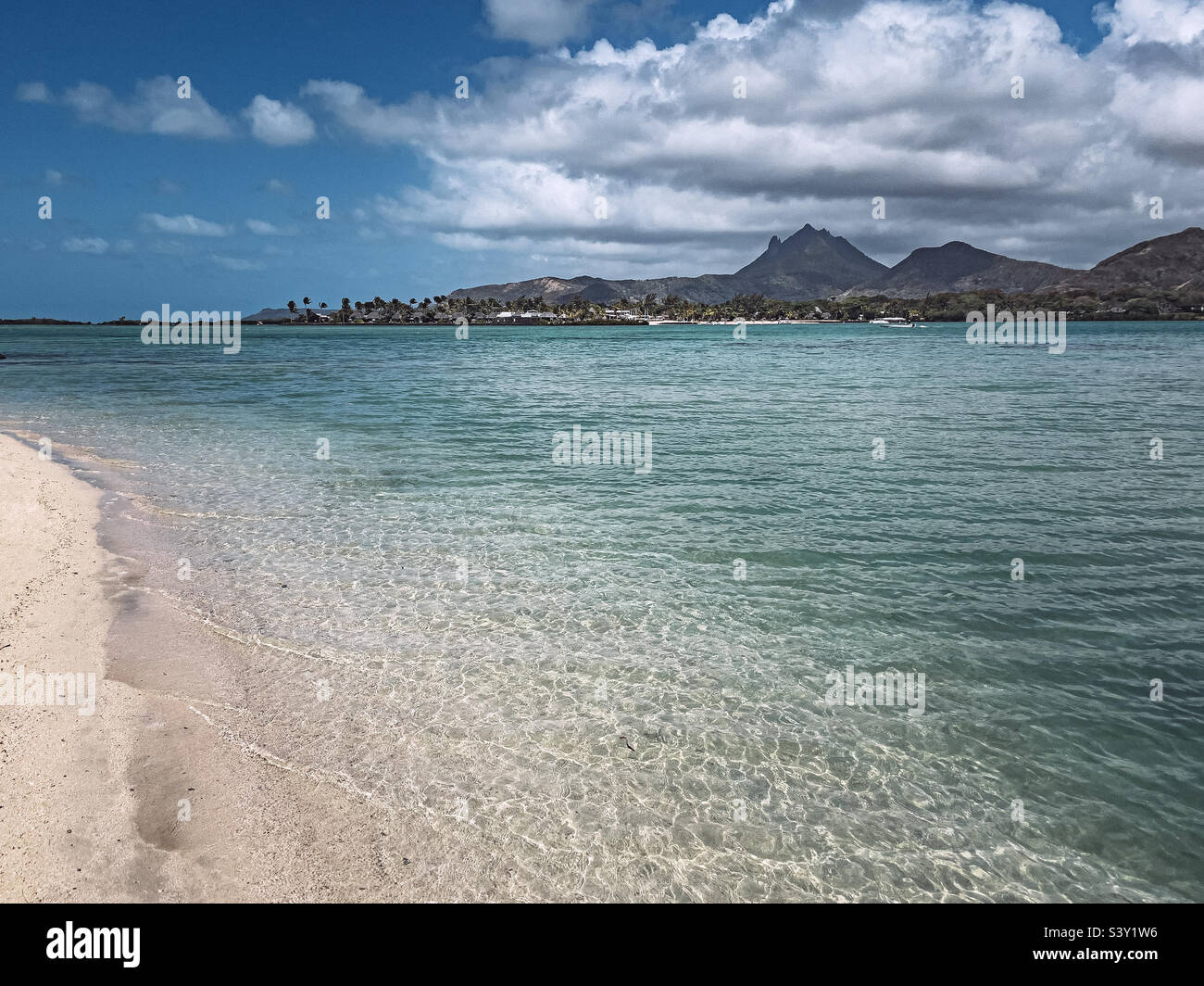 Indian Ocean turquoise water of Ile aux Cerfs, Mauritius - Smartphone Captured Stock Image