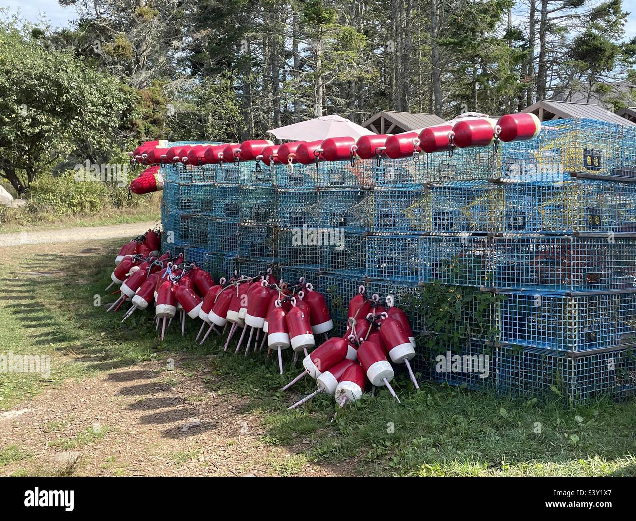 Lobster traps and markers, Monhegan Island Stock Photo Alamy