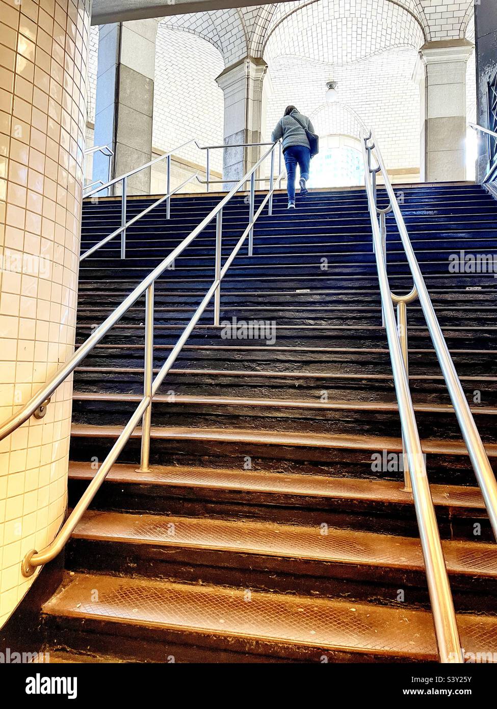 Stairs at entrance at Brooklyn bridge Subway stop, New York City, USA - Smartphone Captured Stock Image