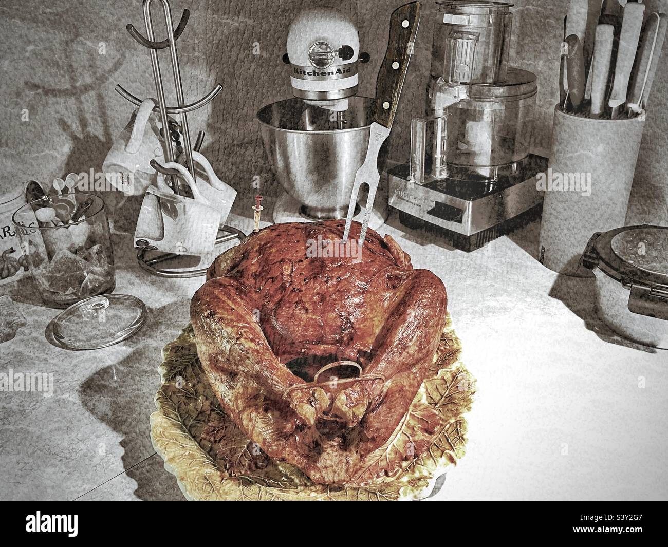 A turkey, cooked to a golden brown, is out of the oven and put upon the kitchen counter to rest and cool awhile before being carved on Thanksgiving day in Utah, USA. Grunge and texture digitally added Stock Photo