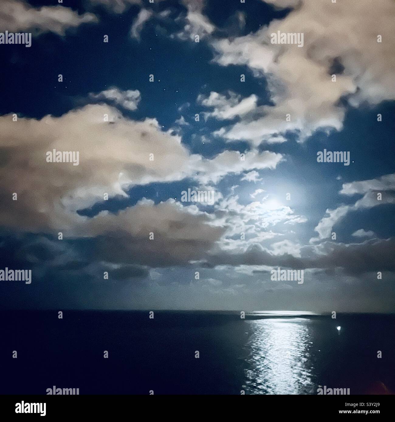 Moonlight on the calm sea. - Smartphone Captured Stock Image