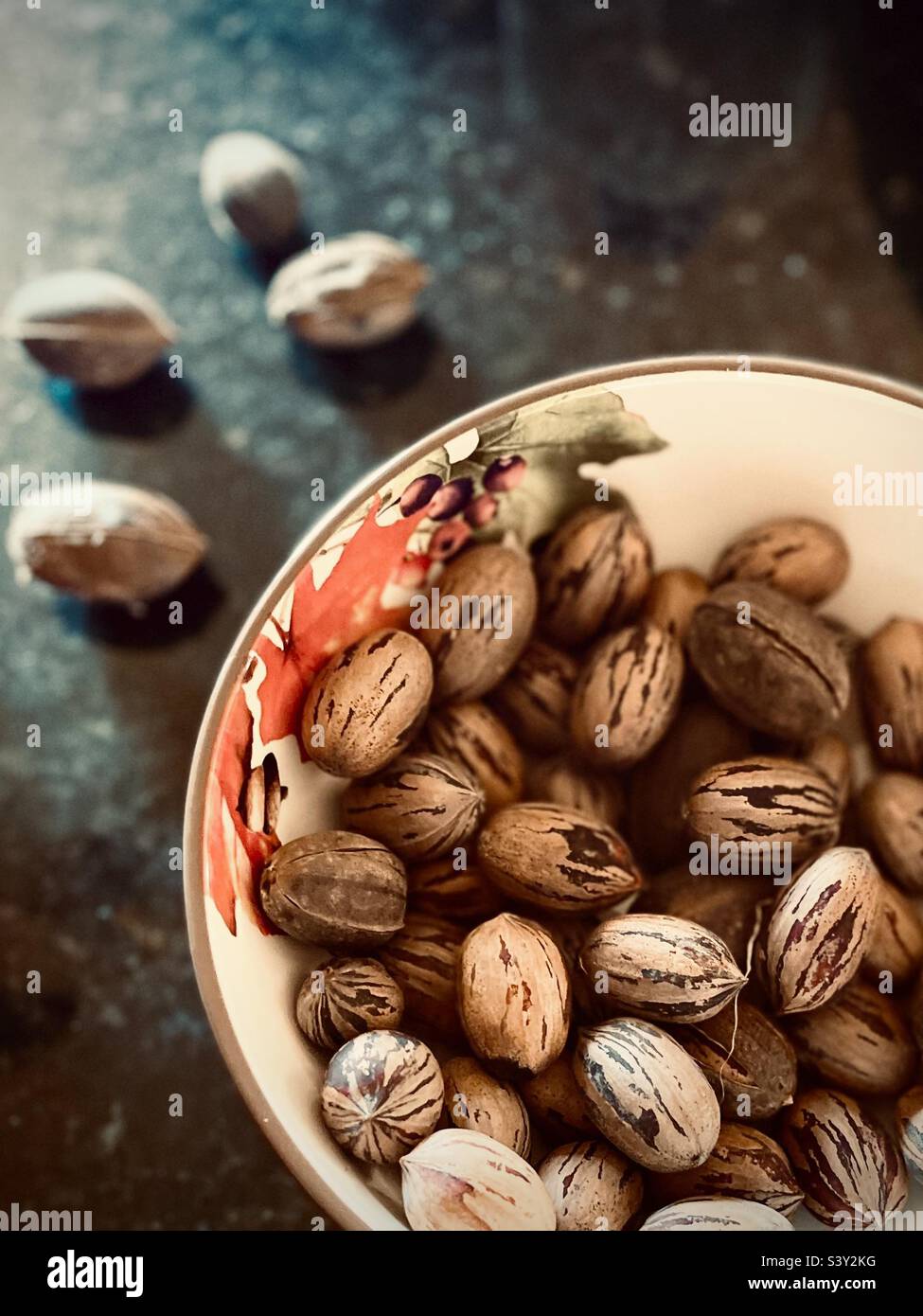 Freshly harvested pecans in bowl Stock Photo