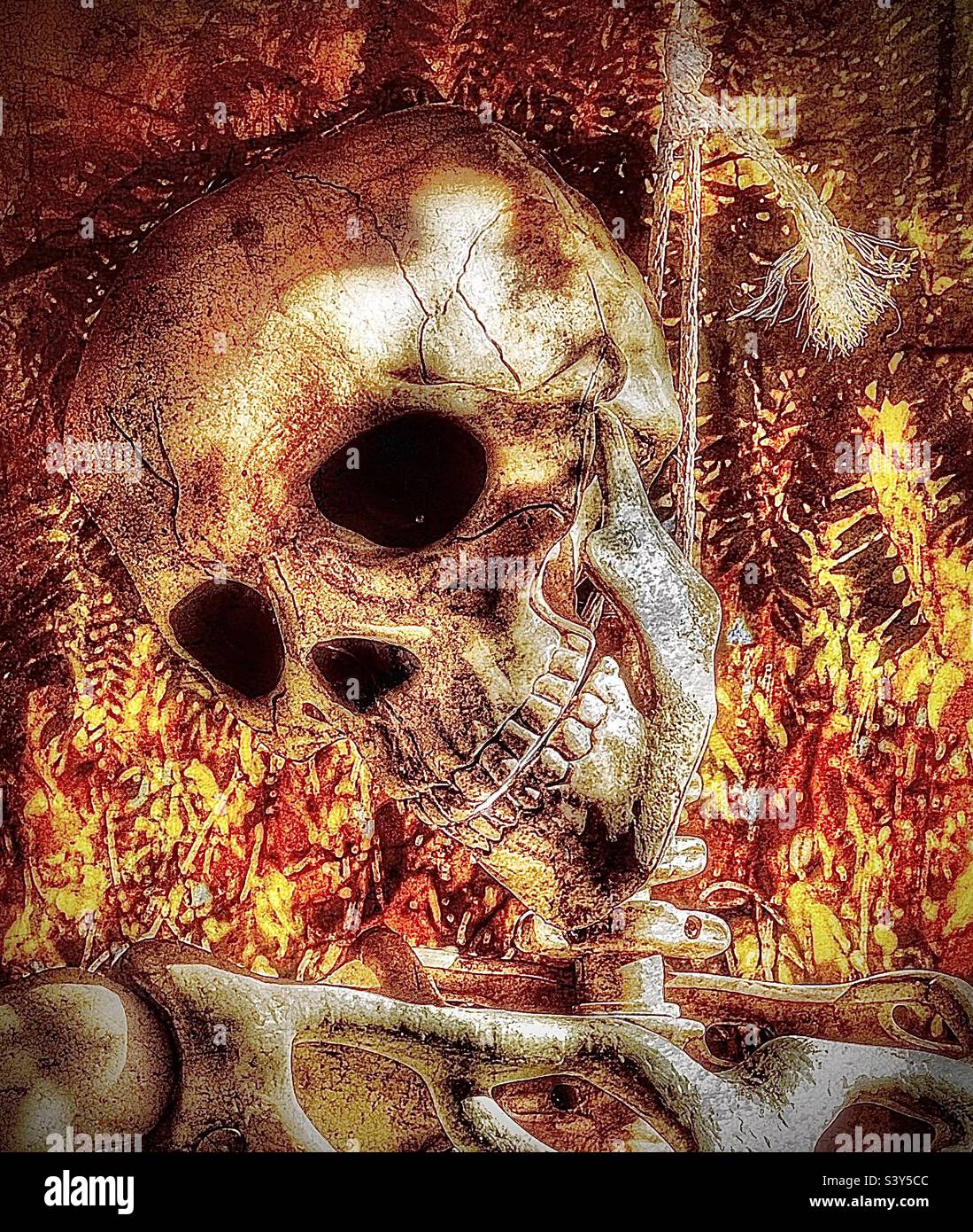 Life-sized skeleton being hanged on a tree each October as part of a Utah, USA yard’s decor as Halloween approaches. - Smartphone Captured Stock Image